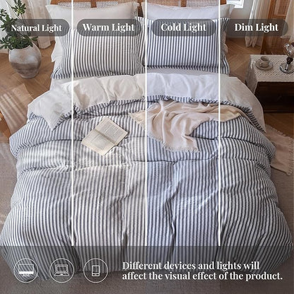 MILDLY Dark Grey Striped Duvet Cover - 100% Washed Cotton Jacquard Textured Comforter Cover with Dual Zipper Closure & 8 Coner Ties