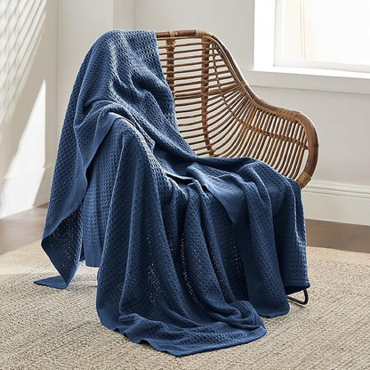 Bedsure Gentlesoft 100% Cotton Blanket Twin XL Size for College Dorm - Cooling Breathable and Soft for Spring Summer, Waffle Weave Twin Blanket for Bed, Dorm Room Essentials, Navy, 66x90 inches