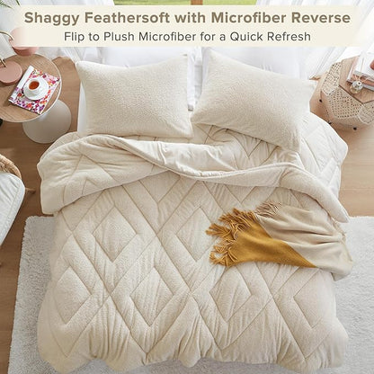 Comfort Spaces Queen Comforter Set Reversible Feather-Soft Plush Comforters for Queen Size Bed All Season Lightweight Shearling Fleece Sherpa Comforter Queen Size Bed Set, Full/Queen, Ivory 3 Piece