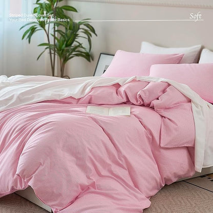 JELLYMONI 100% Natural Cotton 2pcs Striped Duvet Cover Sets,White with Pink Stripes Pattern Printed Comforter Cover,with Zipper Closure & Corner Ties(Twin Size)