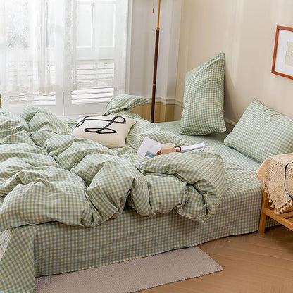 EAVD Mini Blue Yellow Plaid Duvet Cover Twin Soft Cotton Reversible Grid Plaid Bedding Set with 2 Pillowcases Modern Style Geometric Grid Plaid Pattern Duvet Cover with Zipper Closure
