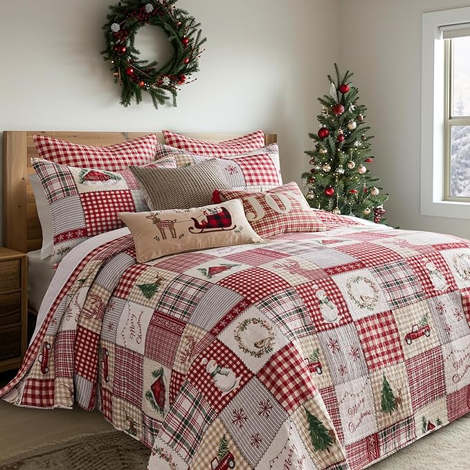 Levtex Home - Home for Christmas Bedspread Set - Full Bedspread and Two Standard Shams - Patchwork - Green Red Taupe Cream - Bedspread (96X106in.) and Shams (20x26in.) - Cotton