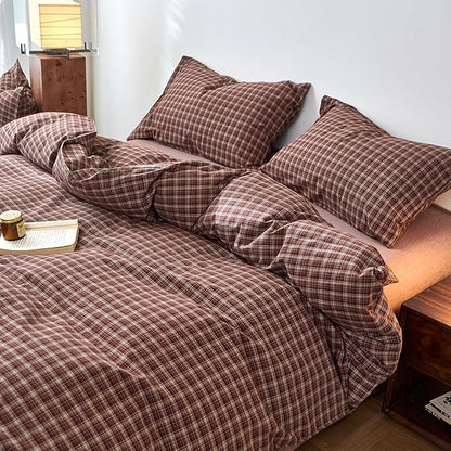 Plaid Duvet Covers Queen Red Brown Washed Cotton Comforters Cover Queen Size Vintage Pattern Farmhouse Zipper Duvet Cover Set with 2 Pillow Cases Boho Cute Bedding Set Checkered Duvet Protector