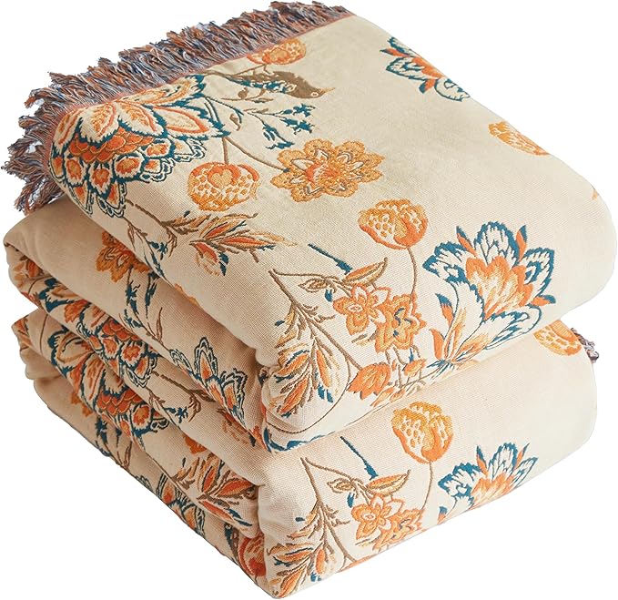 Boho Throw Blanket for Bed 80”x90”, 100% Cotton Woven Blanket for Couch Sofa, Ultra Soft 4-Layer Muslin Quilt with Floral Printed, Farmhouse Bed Blanket/Cover for Living Room Decor