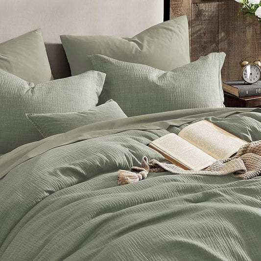 Geniospin Queen Comforter Set - 7 Pieces Comforter Queen Size, Solid Bedding Set for All Season, Textured Bed in a Bag with Sheets, Pillowcases and Shams (Sage Green, 90''x90'')