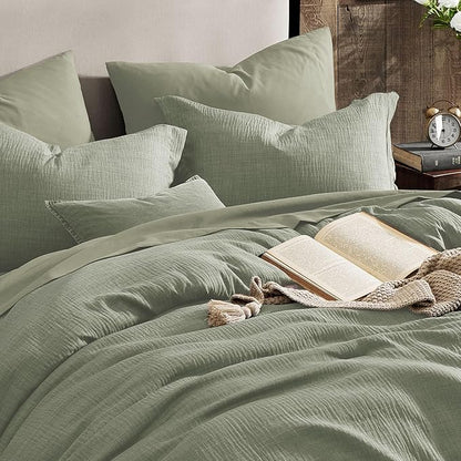Geniospin Full Comforter Set - 7 Pieces Comforter Full Size, Solid Bedding Sets for All Season, Textured Bed in a Bag with Sheets, Pillowcases and Shams (Sage Green, 80''x90'')