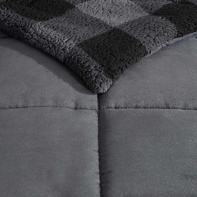 Eddie Bauer - Queen Comforter Set, Microsuede Bedding with Soft Plush Faux Shearling Reverse, 3 Piece Bed Set with Matching Pillowcases (Cabin Plaid Grey)