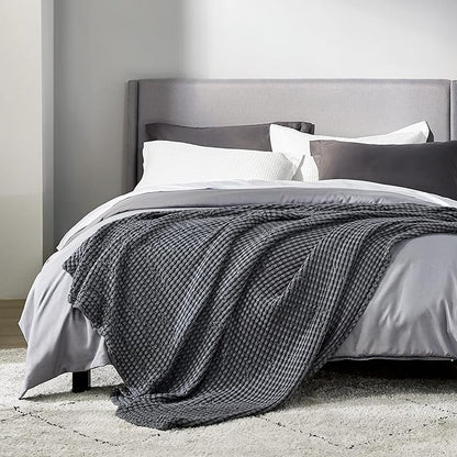 Bedsure Cooling Cotton Waffle Queen Size Blanket - Lightweight Breathable Blanket of Rayon Derived from Bamboo for Hot Sleepers, Luxury Throws for Bed, Couch and Sofa, Dark Grey, 90x90 Inches