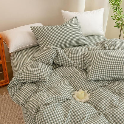 ECOCOTT Green Gingham Duvet Cover King Size 100% Washed Cotton Like Linen Feel Super Soft & Comfy Bedding Set Modern Checkered Design for All Seasons