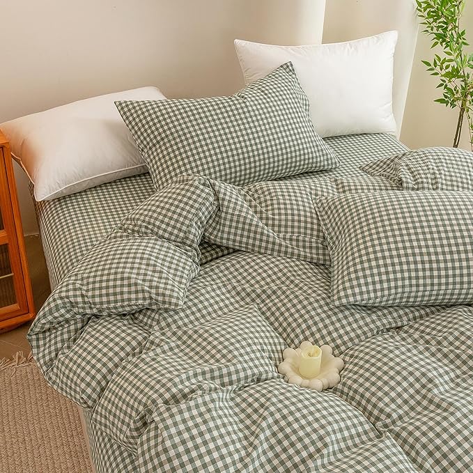 ECOCOTT Green Gingham Duvet Cover Queen Size 100% Washed Cotton Like Linen Feel Super Soft & Comfy Bedding Set Modern Checkered Design for All Seasons