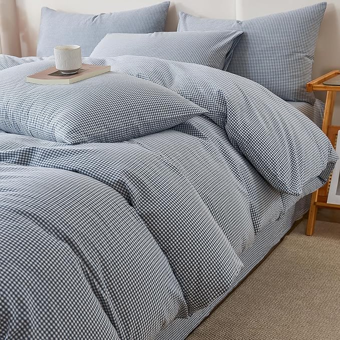 Blue Gingham Full Size Duvet Cover Washed Cotton Plaid Comforter Cover Full Size Farmhouse Boho Soft Breathable Duvet Cover Set with 2 Pillowcases Checkered Zipper Bedding Cute Duvet Protector