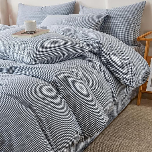Blue Gingham Full Size Duvet Cover Washed Cotton Plaid Comforter Cover Full Size Farmhouse Boho Soft Breathable Duvet Cover Set with 2 Pillowcases Checkered Zipper Bedding Cute Duvet Protector