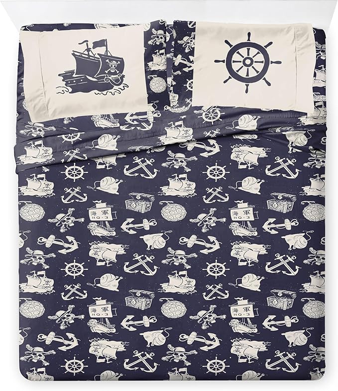 Jay Franco One Piece Full Size Comforter Set - 7 Piece Blue Bedding Includes Sheet Set & Pillow Covers - Super Soft Anime Bedding with Skull and Bones