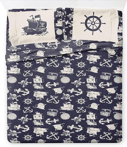Jay Franco One Piece Full Size Comforter Set - 7 Piece Blue Bedding Includes Sheet Set & Pillow Covers - Super Soft Anime Bedding with Skull and Bones