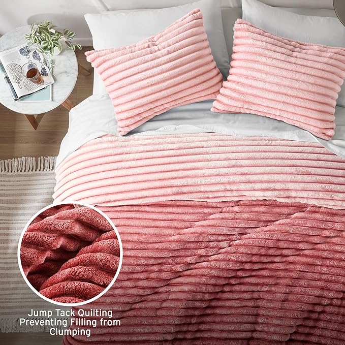 Intelligent Design King Comforter Set, Plush Bedding, Microfiber Reverse, 3 Piece, Lightweight, Super Soft Ribbed Velvet Comforter 2 Shams, All Season Fluffy Bed Set, Avril, King/Cal King Blush Ombre