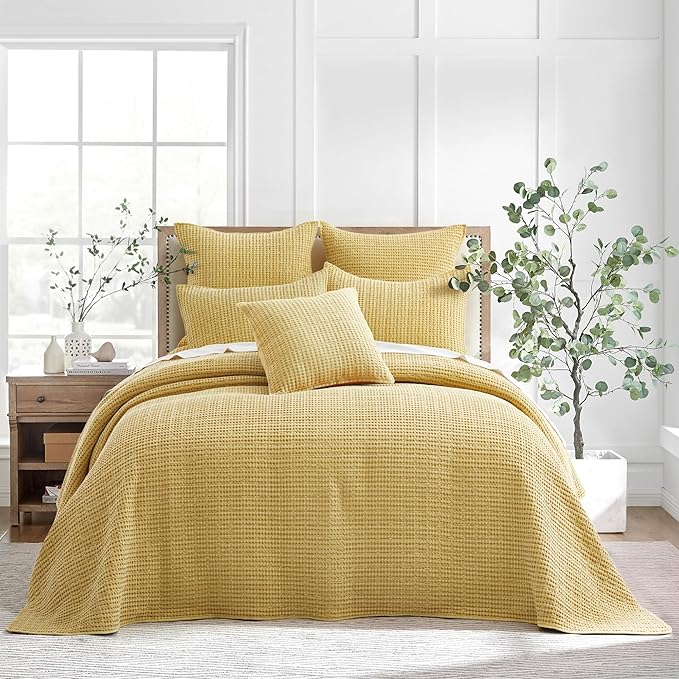 Levtex Home Mills Waffle Full Bedspread Set (100x104in) with 2 Pillow Shams (26x20in) - Ochre - Cotton Waffle Full Size Bedspread Set - Lightweight, Soft, Pre-Washed