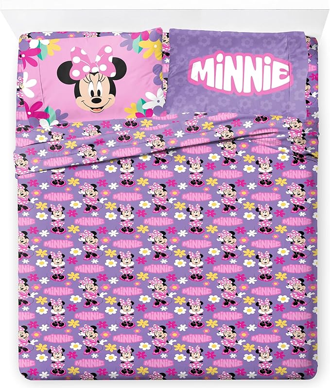 Jay Franco Kids Sheet Set with Fitted, Flat Sheets & Pillow Cover - Ultra-Soft Bedding with Pillowcase for Room Decor, Purple - Minnie Mouse, 4 Piece Full