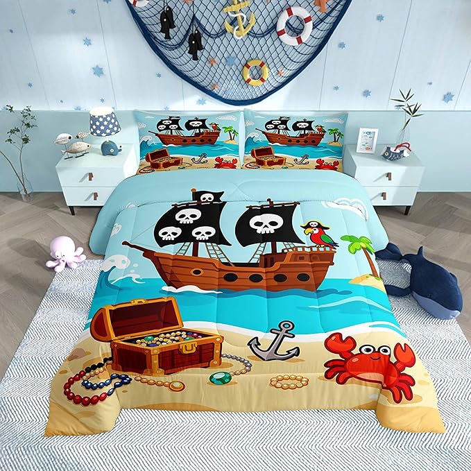Cartoon Pirate Ship Comforter Set,Cartoon Parrot Crab Coastal Creature Bedding Sets for Kids Teens Adults,Nautical Sailing Ocean Theme Quilted Comforter with 1 Pillowcase Toddler Size 2 Pcs