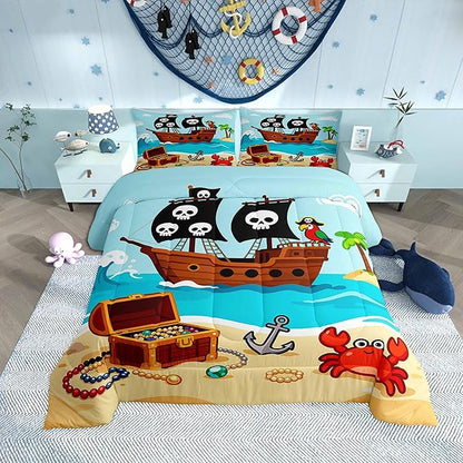 Cartoon Pirate Ship Comforter Set,Cartoon Parrot Crab Coastal Creature Bedding Sets for Kids Teens Adults,Nautical Sailing Ocean Theme Quilted Comforter with 1 Pillowcase Toddler Size 2 Pcs