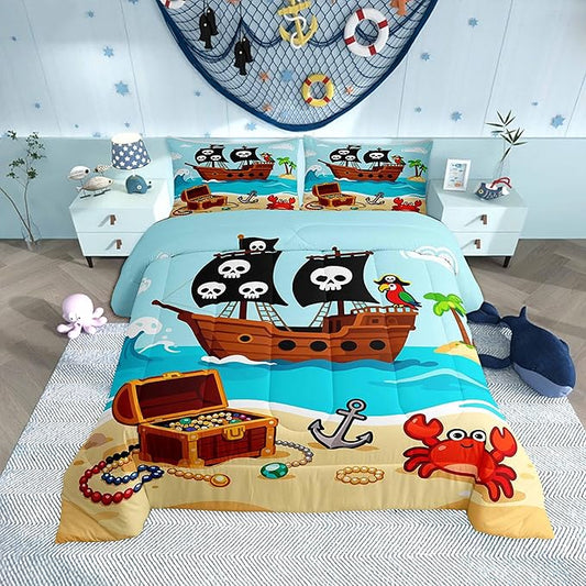 Cartoon Pirate Ship Bedding Set,Cartoon Parrot Crab Coastal Creature Comforter Set for Kids Teens Adults,Nautical Sailing Ocean Theme Comforter Duvet Set with 2 Pillowcases Full Size 3 Pcs
