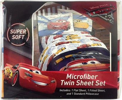 Jay Franco Kids Sheet Cartoon Set with Fitted, Flat Sheets & Pillow Cover - Ultra-Soft Bedding with Pillowcase for Room Decor, White - Cars, 3 Piece Twin