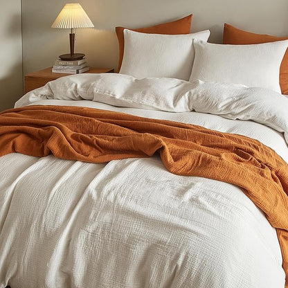 SE SOFTEXLY Muslin Duvet Cover Queen Size, 100% Washed Cotton Duvet Cover Set, Ultra Soft Comforter Cover Linen Like, 3 Pieces Minimalist Gauze Duvet Cover with 2 Pillowcases, 80"x90", White