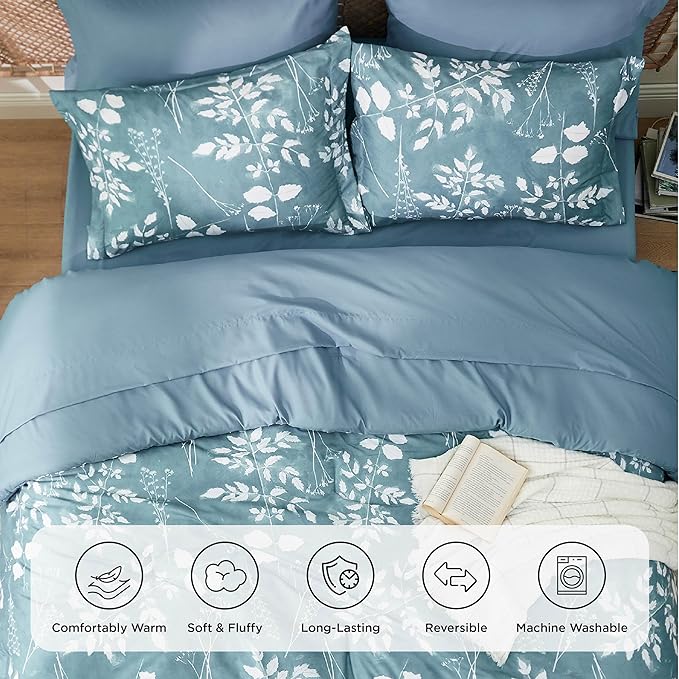 Bedsure Full Size Comforter Set - 7 Pieces Floral Mineral Blue Soft Bedding Sets, Full Bed in a Bag with Botanical Flowers Comforter, Sheets, Pillowcases & Shams
