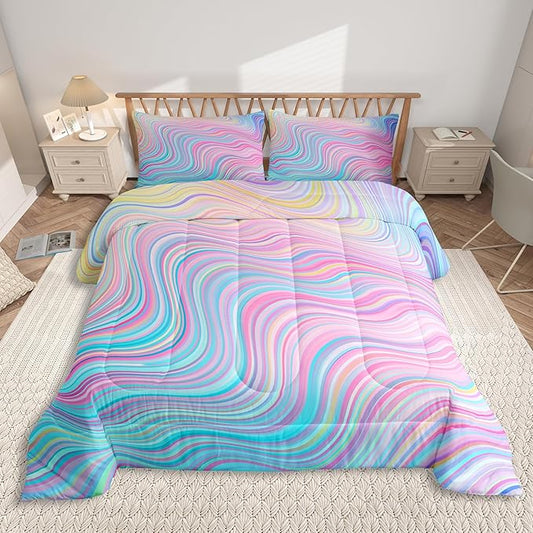 Feelyou Girls Pink Comforter Set Full Size Kids Rainbow Stripe Bedding Set for Boys Teens Women Die Tye Comforter Breathable Geometric Duvet Princess Decor Quilt,1 Comforter with 2 Pillowcase