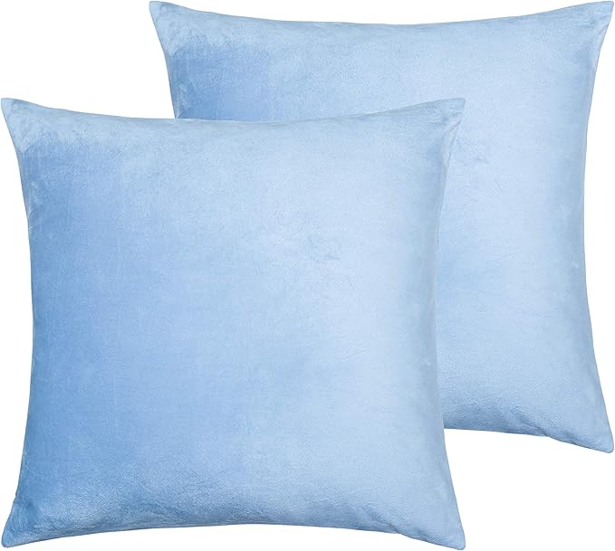 NTBAY Velvet 2 Pack Square Zippered Throw Pillow Covers, Super Soft and Luxury Euro Cushion Covers for Sofa, Couch, 24x24 Inches, Sky Blue
