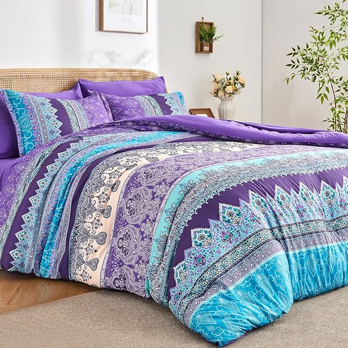 Boho Comforter Set Queen - 7 Pieces Bed in a Bag, Bohemian Striped Comforter Set with Sheets, Soft Microfiber Purple Floral Bedding Set for All Season