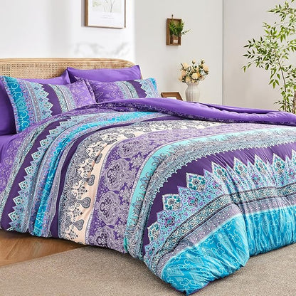 Boho Comforter Set King Size Purple - 7 Pieces Bohemian Floral Striped Comforter and Sheet Set, Lightweight Bed in a Bag Complete Bedding Sets King Size for All Season (Purple,King)