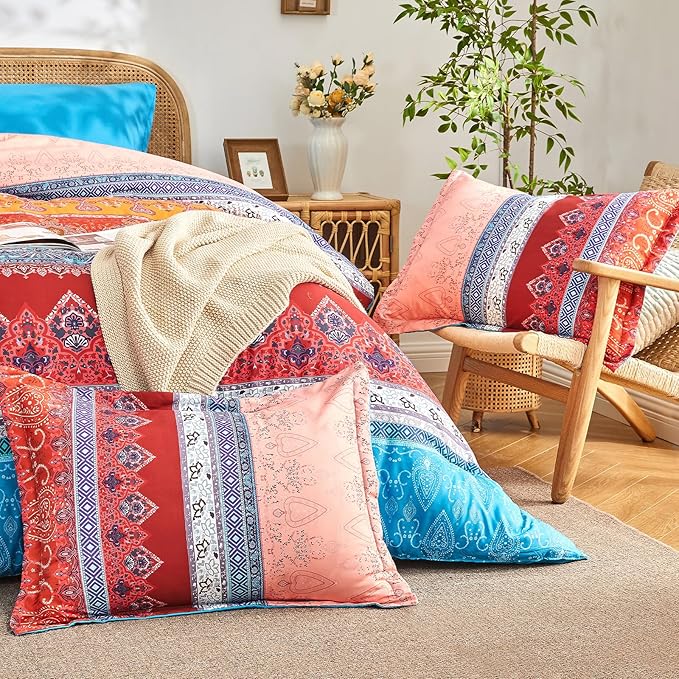 Coral Pink King Size Comforter Set Boho - 7 Pieces Floral Striped Comforter and Sheet Set, Soft Bed in a Bag Complete Bedding Sets for All Season(Coral Pink, King)