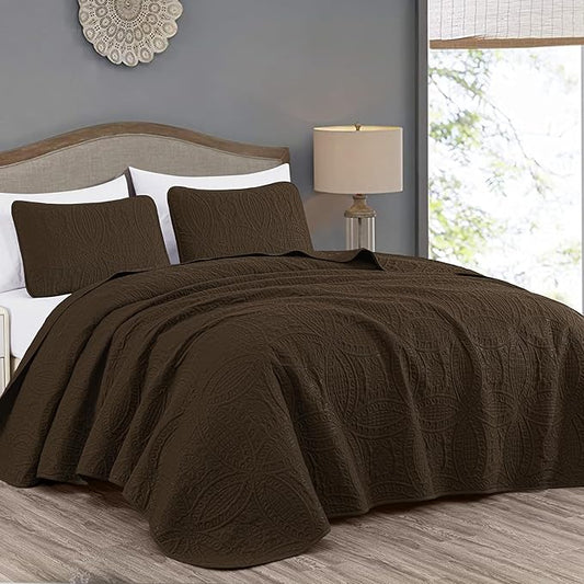 Chezmoi Collection Austin 3-piece Oversized Bedspread Coverlet Set (King, Chocolate) | Oversized, Lightweight, Fade Resistant