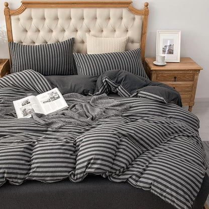 PURE ERA Jersey Knit Duvet Cover Set 100% T-Shirt Heather Cotton Super Soft Comfy Classic Striped Design, with Zipper Closure, Charcoal Dark Grey Stripe, Twin