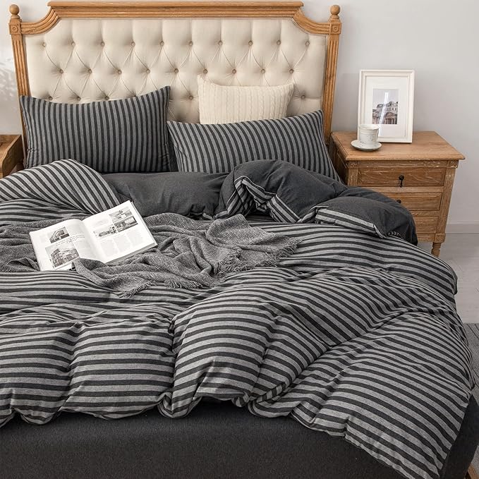 PURE ERA Jersey Knit Duvet Cover Set 100% T-Shirt Heather Cotton Super Soft Comfy Classic Striped Design, with Zipper Closure, Charcoal Dark Grey Stripe, Queen