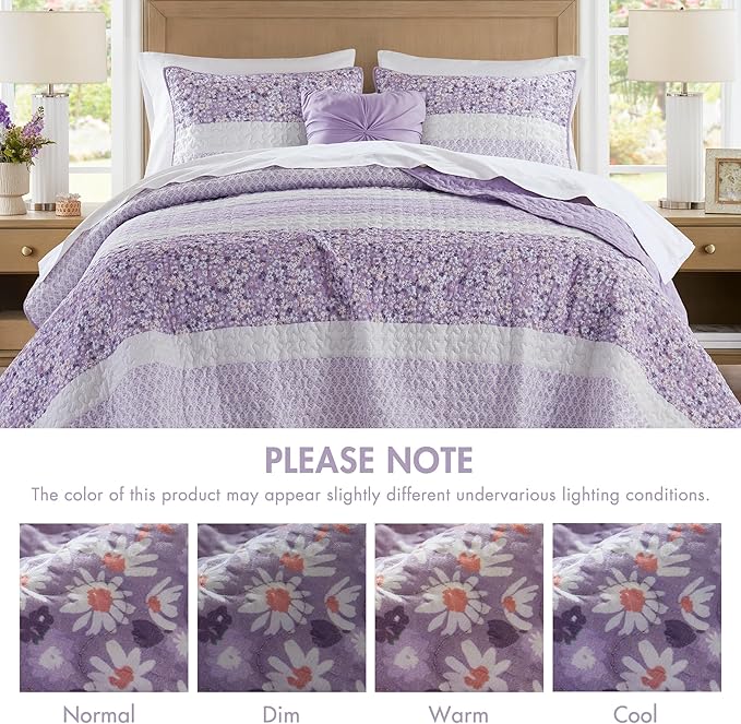 Madison Park Quilt Set, Seersucker Floral Coverlet for Queen Size Bed, All Season Lightweight Bedding, Farmhouse Quilt Set, Vermicelli Quilting, Throw Pillow, Caralie, Full/Queen Purple 4 Piece