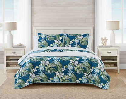 Tommy Bahama - Queen Quilt Set, Reversible Cotton Bedding with Matching Shams, Breathable Bedding Set for All Seasons (Southern Breeze Dark Blue, Queen)