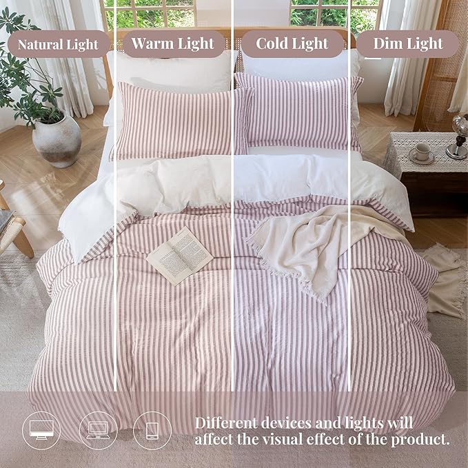 MILDLY Pale Mauve Striped Duvet Cover - 100% Washed Cotton Jacquard Textured Comforter Cover with Dual Zipper Closure & 8 Coner Ties