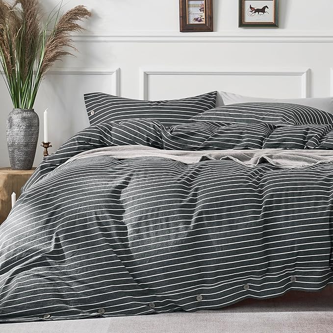 JELLYMONI Cotton Duvet Cover King Size - Gray Pinstriped Comforter Cover with Button 100% Washed Cotton 3PCS Breathable Soft Solid Bedding Set Duvet Cover 104×90in & 2 Pillowcases (NO Comforter)