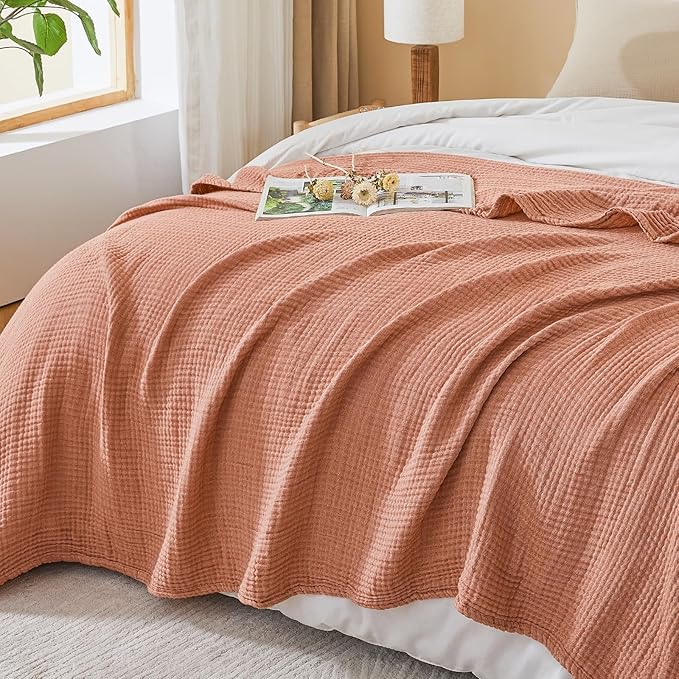 EMME Cotton Muslin Twin Blanket Breathable Gauze Blanket Soft Lightweight Blankets Adults Gifts for Women (Orange Red, 60"x80")
