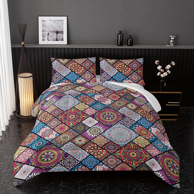 Colorful Bohemian Comforter Sets Queen Size,Retro Grid Bedding Set for Your Room,Abstract Soft Lightweight Quilted Set All Season,1 Comforter and 2 Pillowcases
