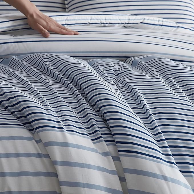 Eddie Bauer - Full/Queen Comforter Set, Super Soft Bedding with Matching Shams, Two-Piece Back Closure, Modern Room Essentials (Cooper Stripe Blue, Full/Queen)