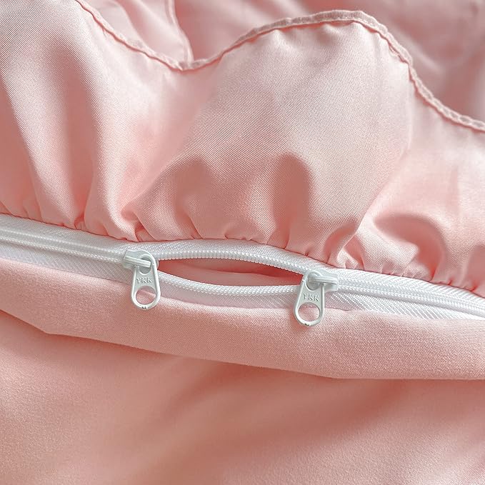 MOOWOO Chic Ruffle Lace Polyester Duvet Cover Set -Girl Pink Bedding-3 Piece Queen Duvet Cover with Zipper Closure -Ultra Soft and Light Weight (Pink, Queen)