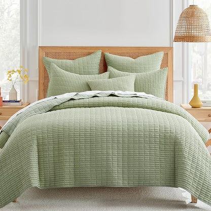 Levtex Home Mills Waffle King/Cal King Quilt Set (106x92in) with 2 Pillow Shams (36x20in) - Desert Sage - 100% Cotton King Size Quilt Bedding Set - Lightweight, Soft, Pre-Washed