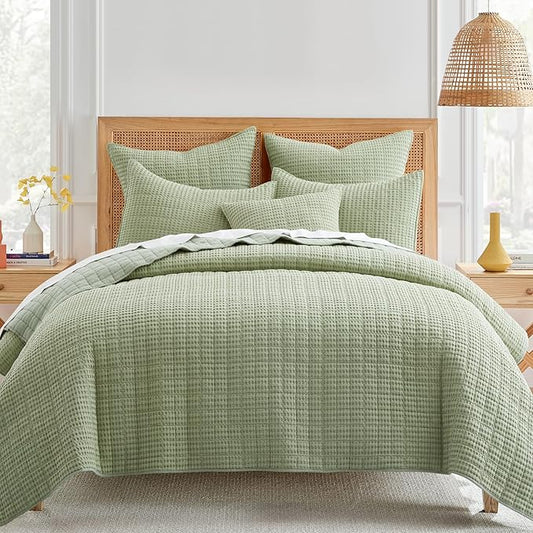 Levtex Home Mills Waffle King/Cal King Quilt Set (106x92in) with 2 Pillow Shams (36x20in) - Desert Sage - 100% Cotton King Size Quilt Bedding Set - Lightweight, Soft, Pre-Washed