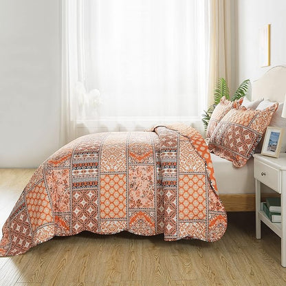 HoneiLife King Quilt Bedding Set - 3 Pieces Vintage Quilt Sets Microfiber Bedspreads Floral Coverlets Retro Bed Cover All Season Quilts-Pumpkin