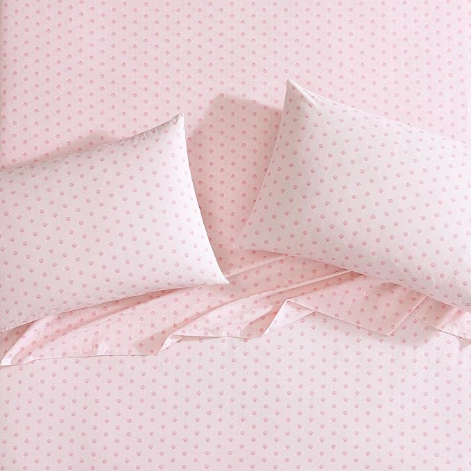 Laura Ashley - Twin Sheets, Cotton Percale Bedding Set, Lightweight & Breathable Home Decor (Scallop Dollop Pink, Twin)