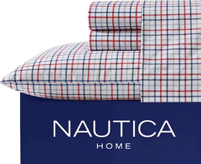 Nautica - Twin XL Size Sheet Set, Crisp & Tailored Cooling Sheets with a Smooth Cotton Percale Lightweight Feel - Bed Sheets with Matching Pillowcase & Fitted Sheet (Boating Tattersall Red)