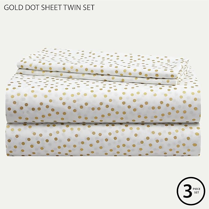 Heritage Kids 3-Piece Twin Sheet Set - Gold Dot Pattern, Soft and Cozy Bedding for Girls, Includes Fitted Sheet, Flat Sheet & Pillowcase, Durable and Easy Care