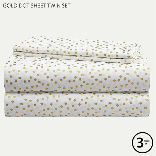 Heritage Kids 3-Piece Twin Sheet Set - Gold Dot Pattern, Soft and Cozy Bedding for Girls, Includes Fitted Sheet, Flat Sheet & Pillowcase, Durable and Easy Care